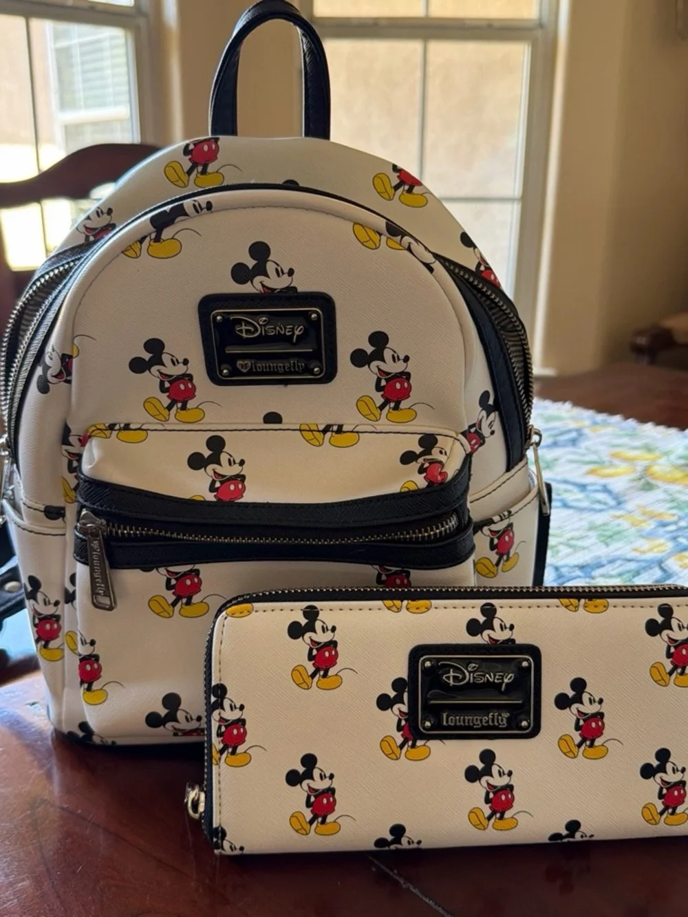 Disney White Mickey Mouse Pattern Mini Backpack and matching wallet